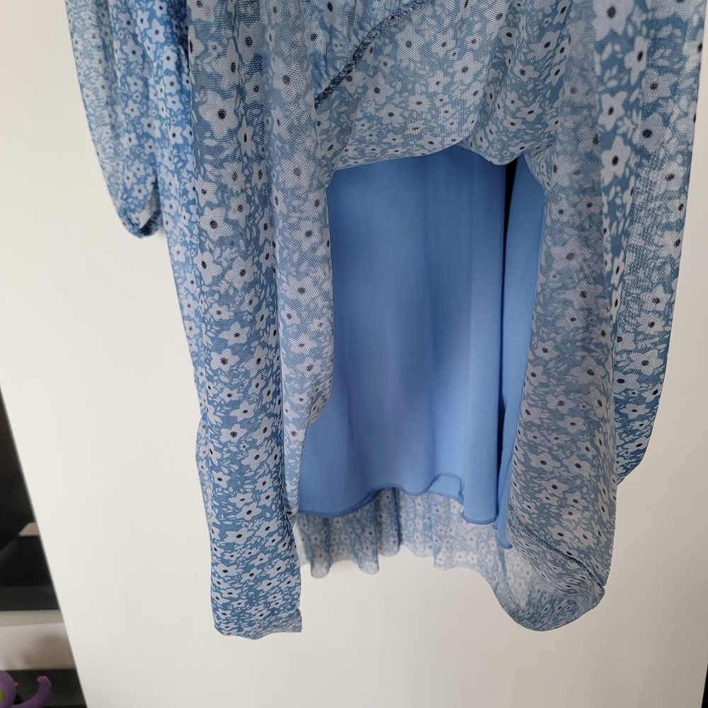 Vintage Y2K Parisian Cruise Wear Blue Floral Mesh Long Sleeve Mini Dress Large - Picture 8 of 9